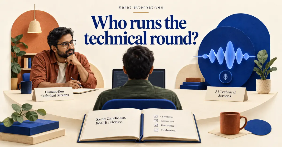 Human-led and AI-led technical interviews connect to the same evidence notebook.