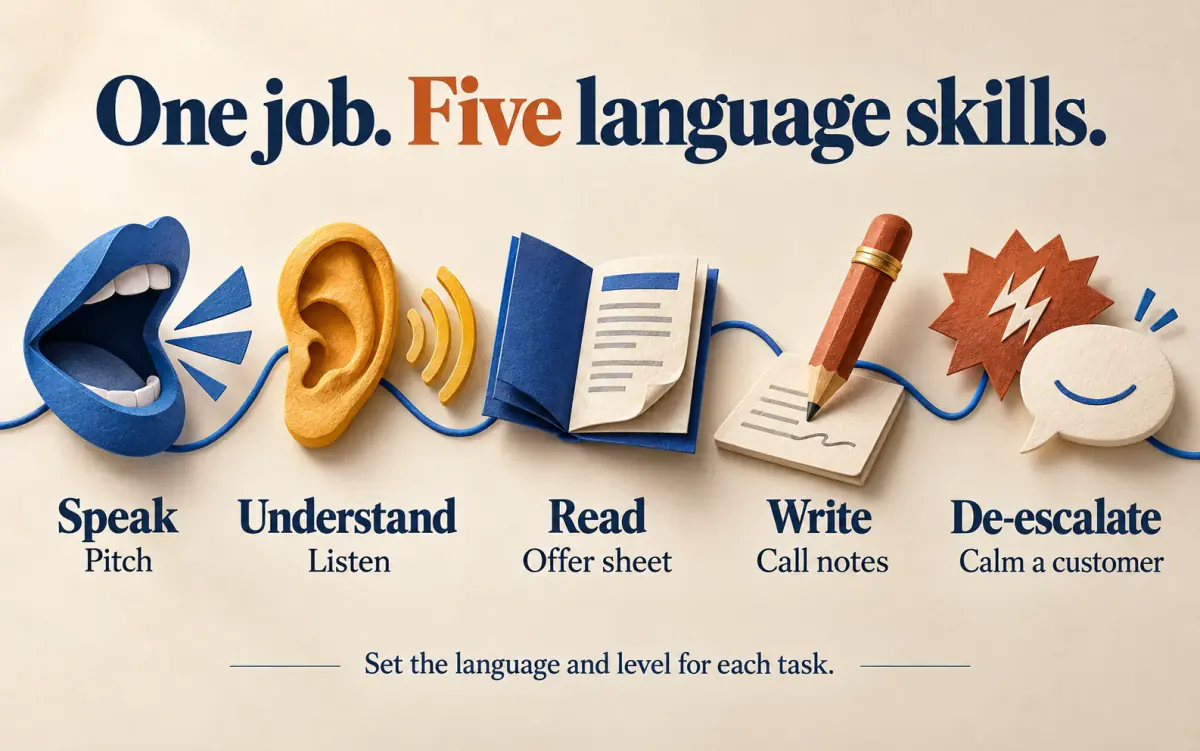 Five illustrated language tasks: speak, understand, read, write and de-escalate, with a separate language and level for each.