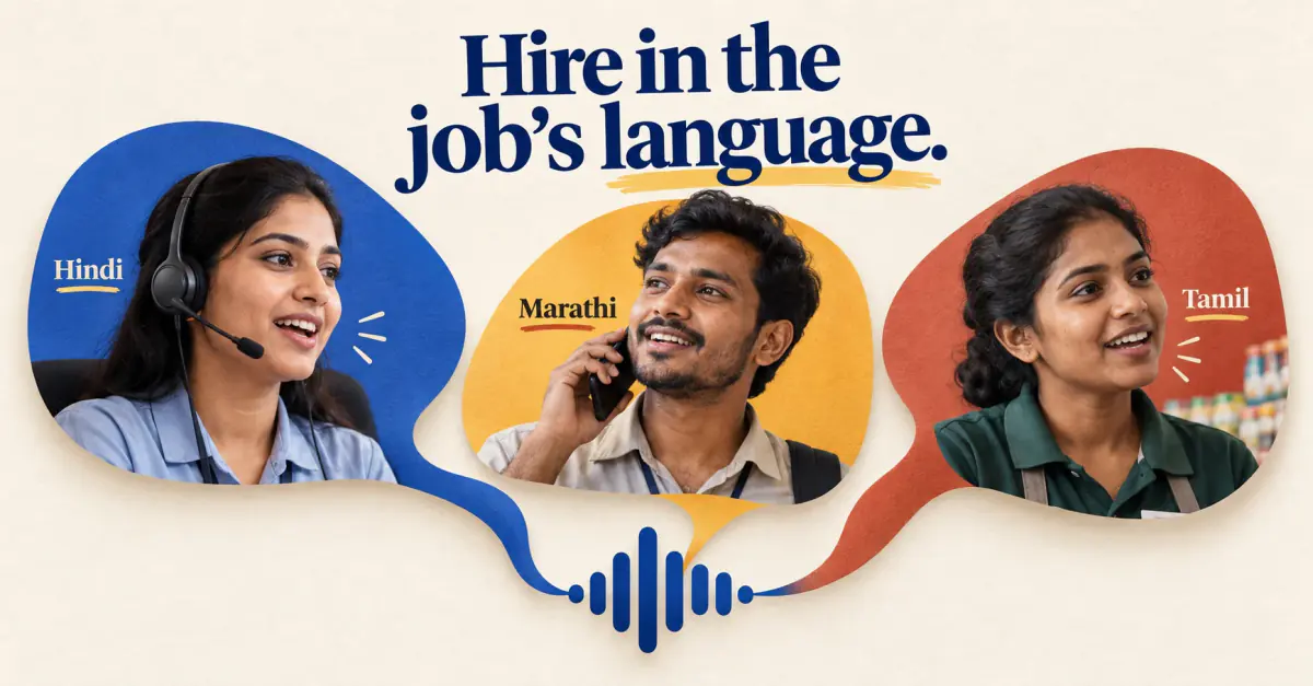 Three Indian working adults speak Hindi, Marathi and Tamil, their speech shapes joining a shared voice waveform.