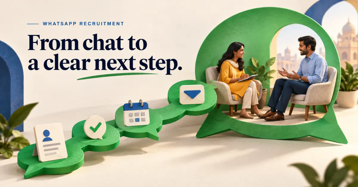 Green chat shapes connect an application, consent, scheduling and an outcome to a human interview conversation.