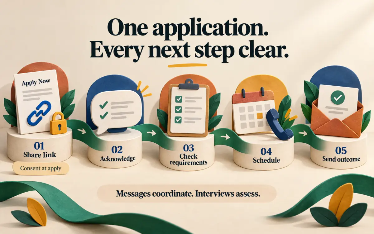 Five hiring stages connected by a ribbon: share link, acknowledge, check requirements, schedule and send outcome, with consent at apply.