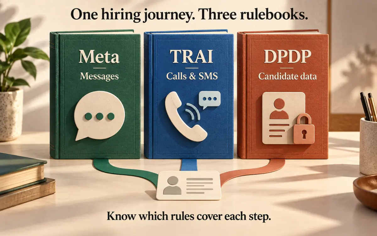Three books distinguish Meta messaging policy, TRAI rules for calls and SMS, and DPDP candidate-data responsibilities.